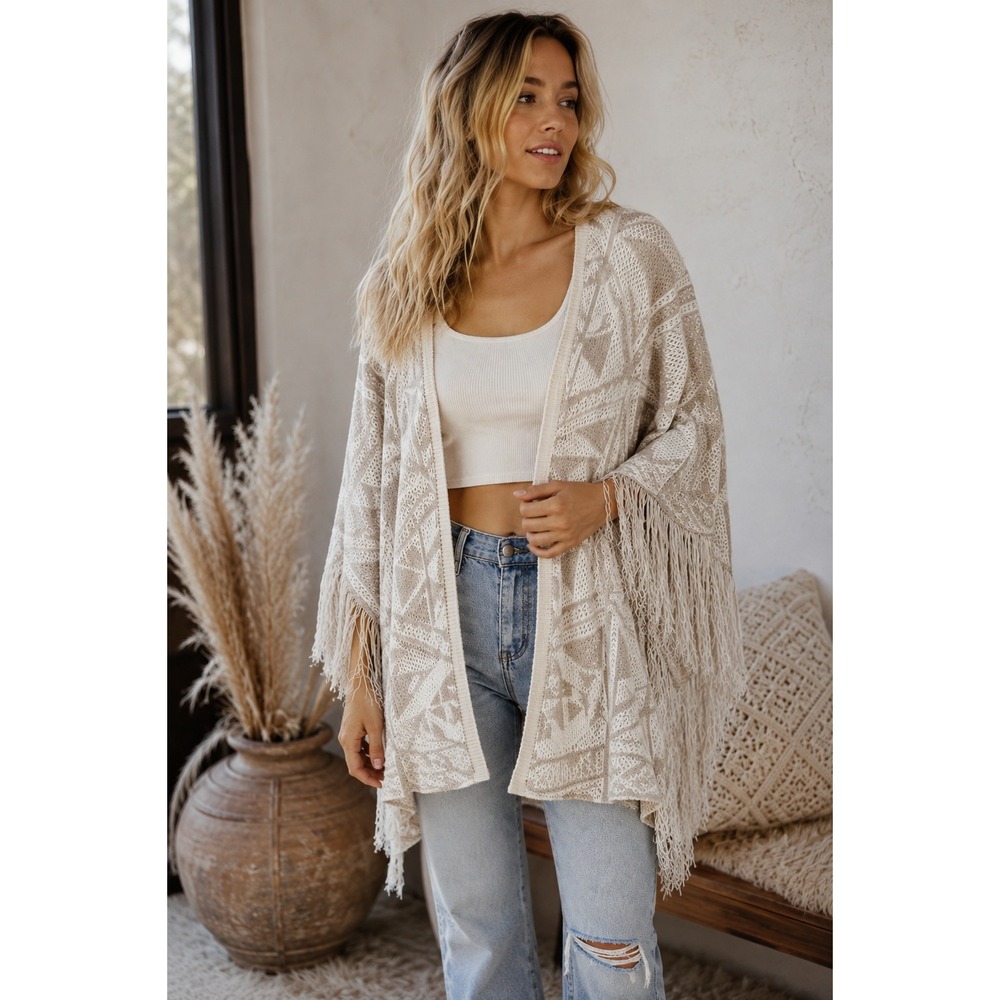 Southwestern Boho Fringe Open Front Cardigan Sweater Ruana M Cozy Cabin Festival